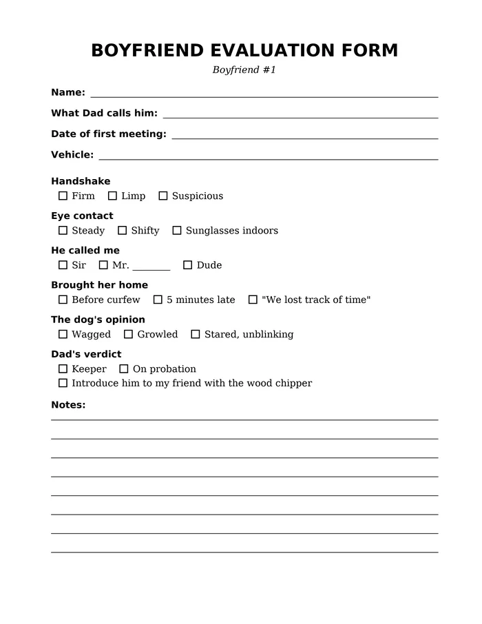 Boyfriend Evaluation Form page